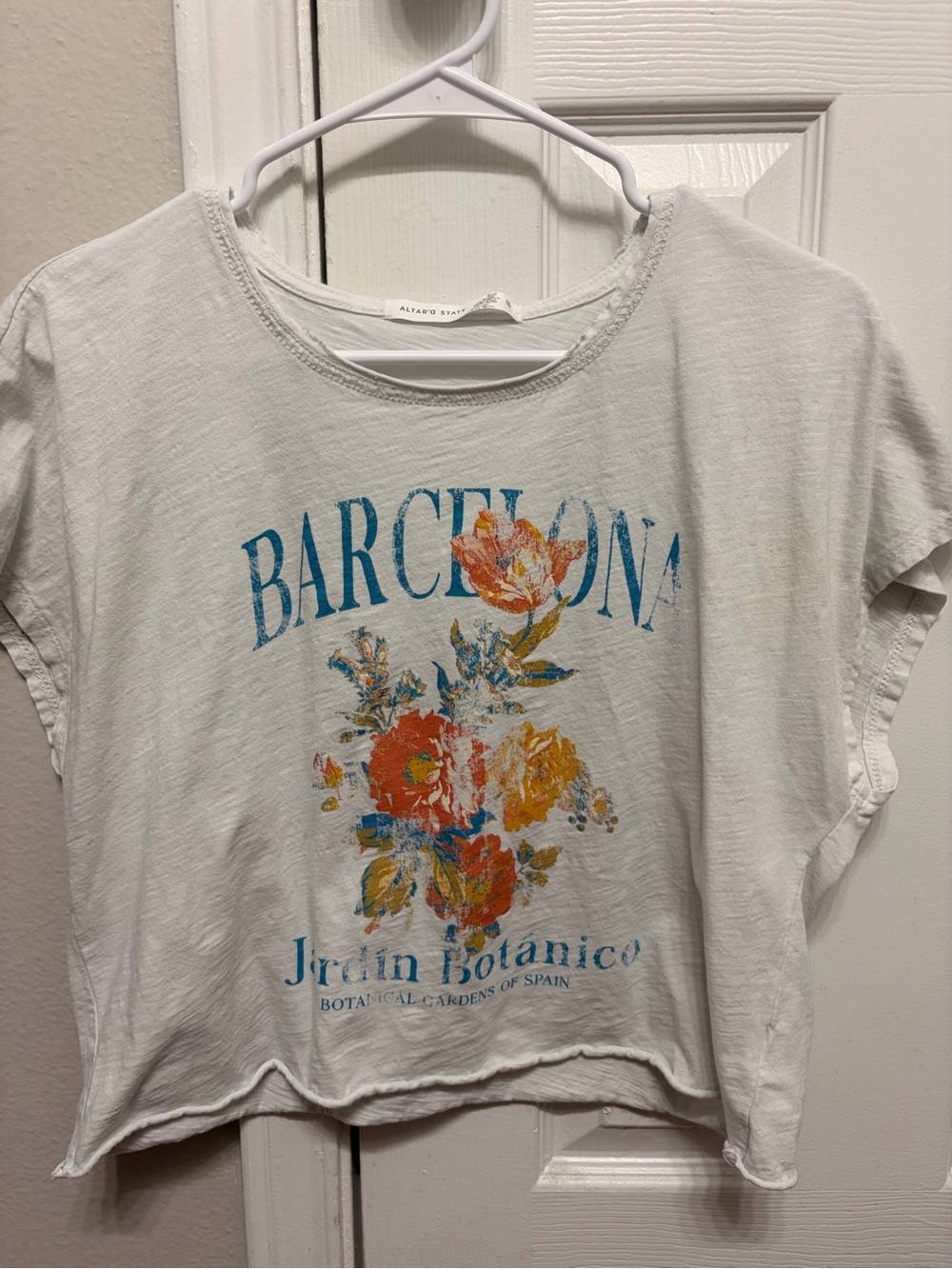 Altar'd State White Crop Tee with Blue and Orange Floral Graphic